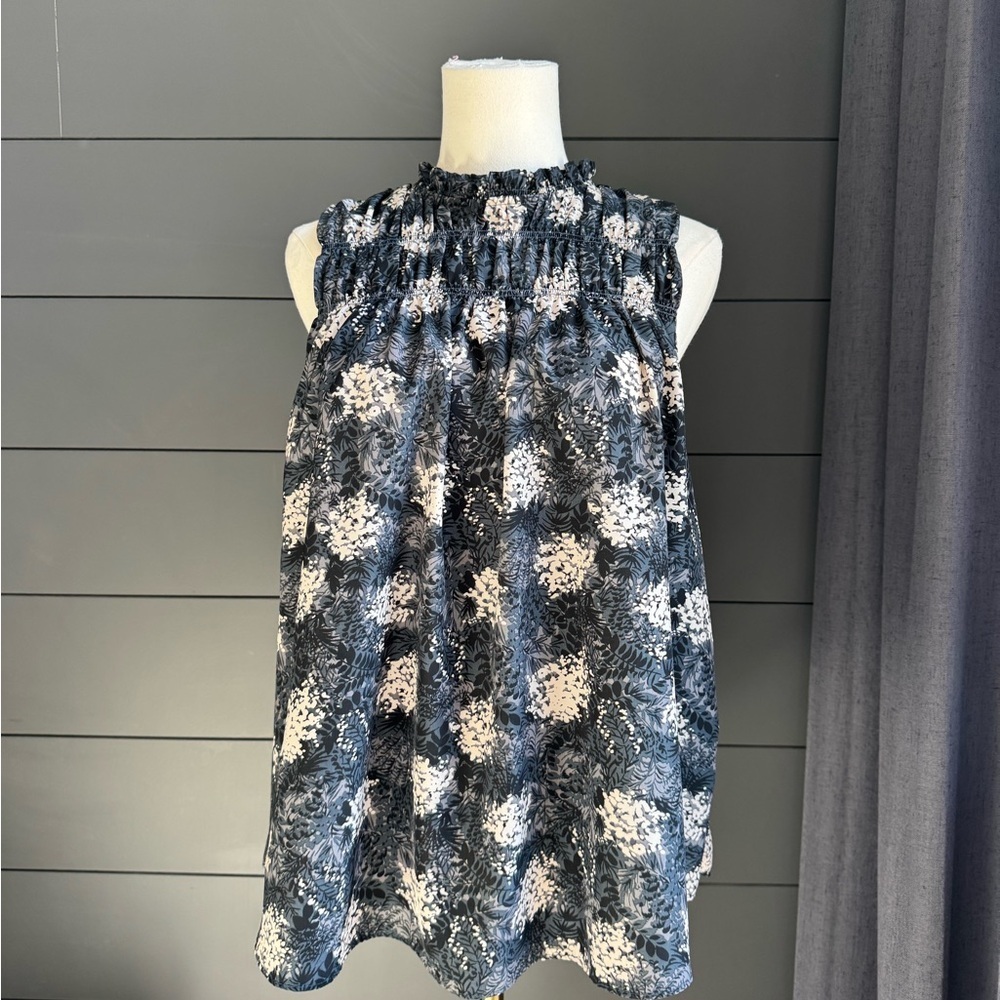 Joie Baltic Floral Sleeveless Tank Top Blouse Black White Gray Ruffled Smocked